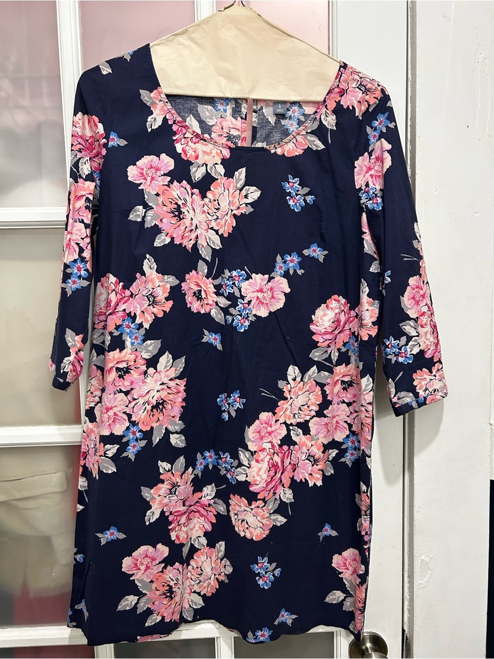 EUC Old Navy Navy Blue Pink Floral Cotton 3/4 Sleeve Shift Dress  L